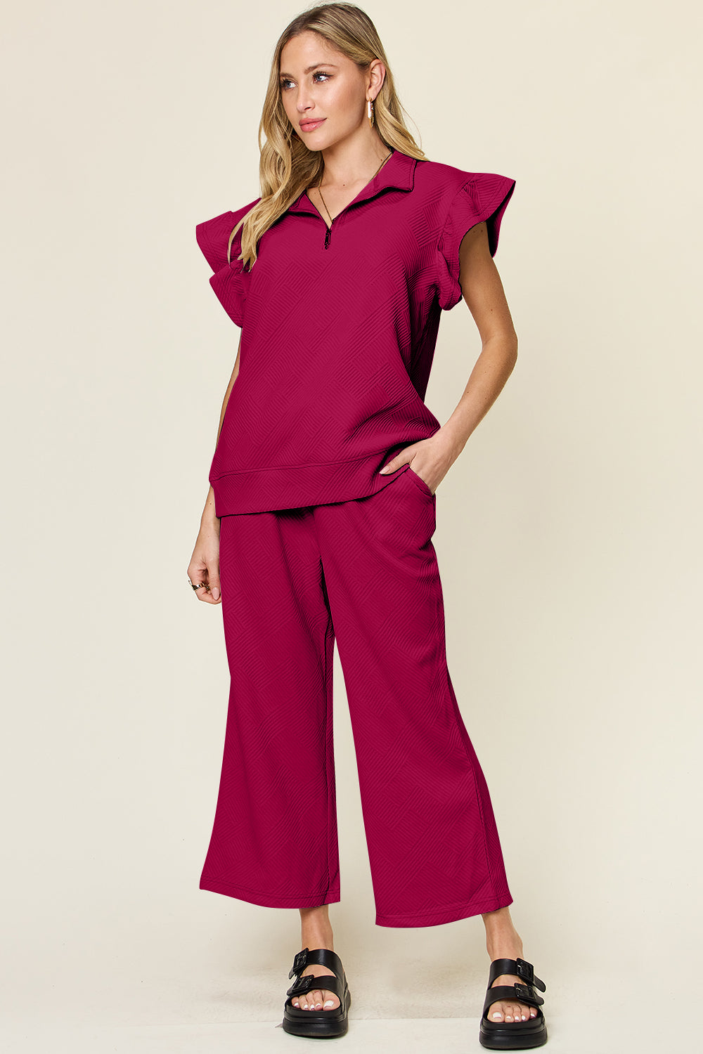 Paradise Falls Texture Ruffle Short Sleeve Top and Drawstring Wide Leg Pants Set