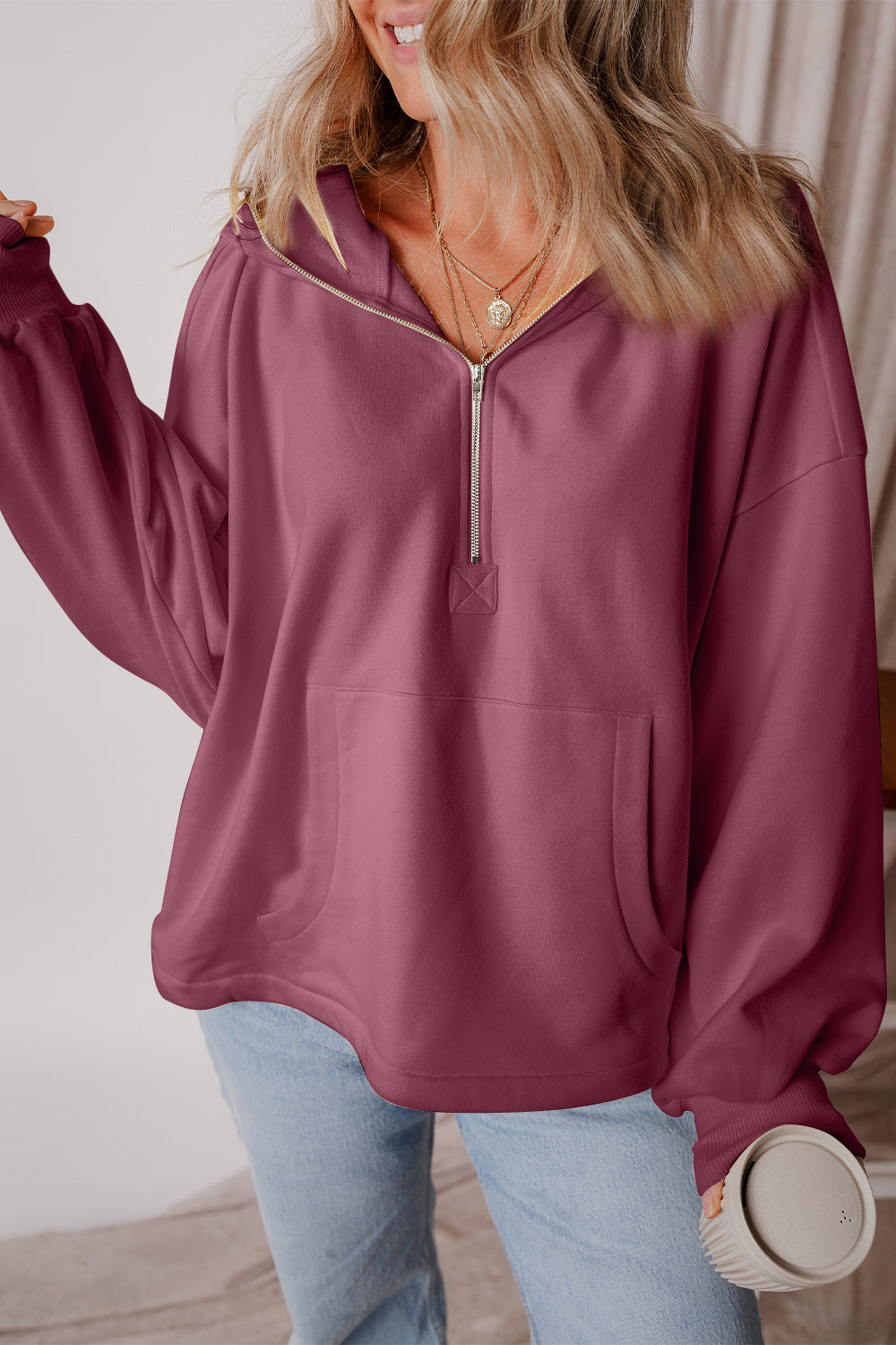 Cool Your Jets Pocketed Half Zip Dropped Shoulder Hoodie - 10 Colors