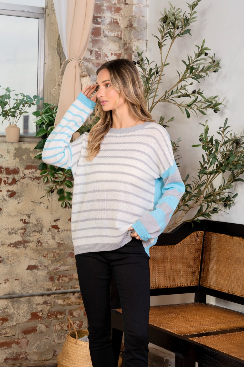 Sew In Love Full Size Striped Dropped Shoulder Sweater