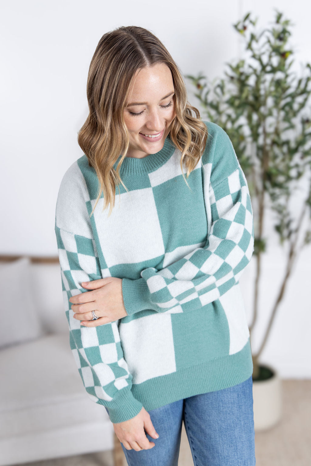 IN STOCK Checkered Pullover Sweater - Dusty Jade