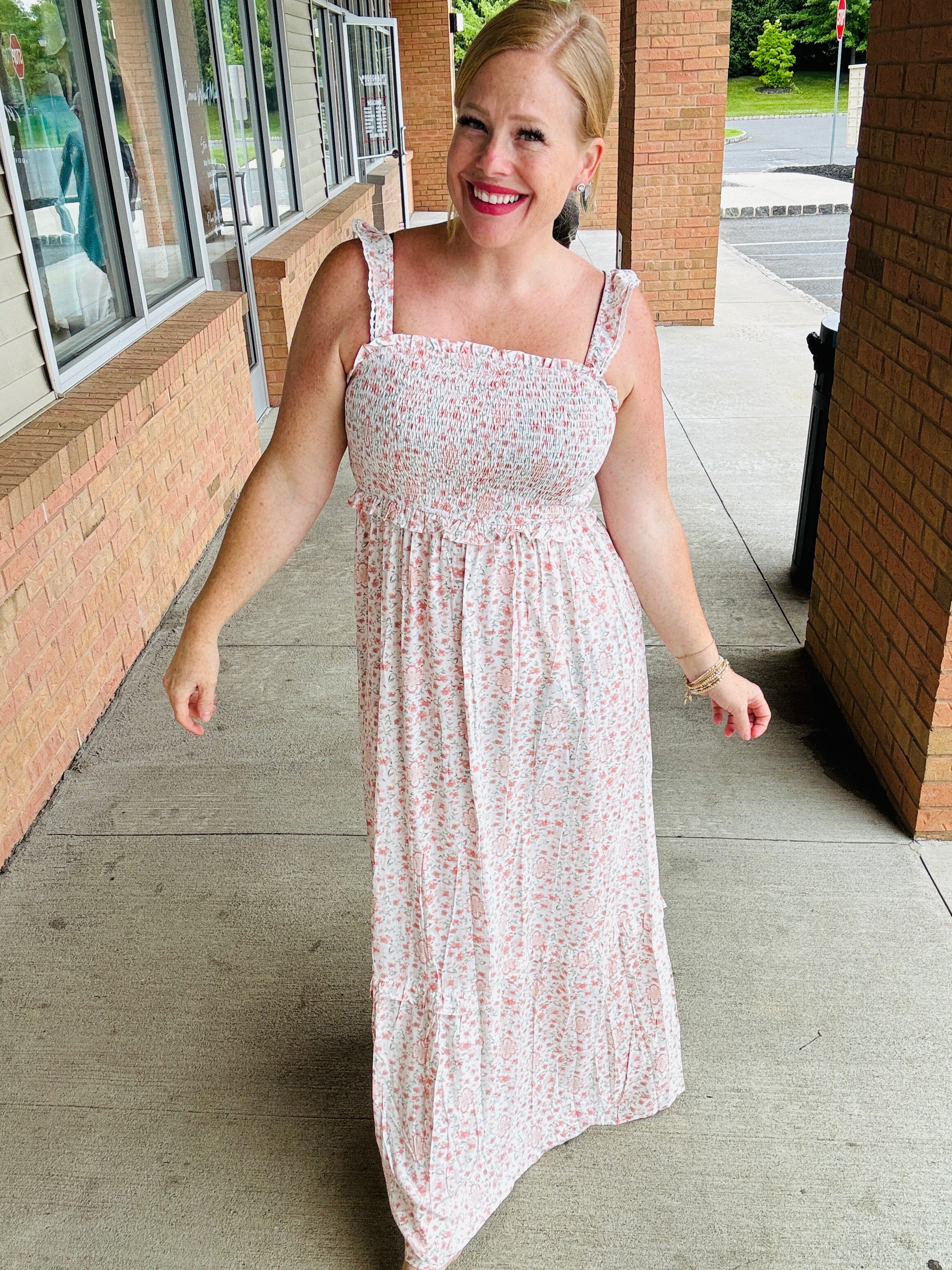 Like I Mean It Ruffled Smocked Printed Sleeveless Maxi Dress