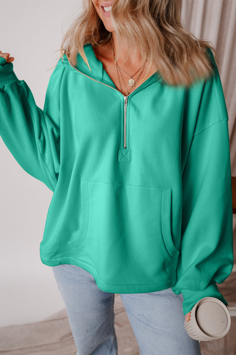 Cool Your Jets Pocketed Half Zip Dropped Shoulder Hoodie - 10 Colors