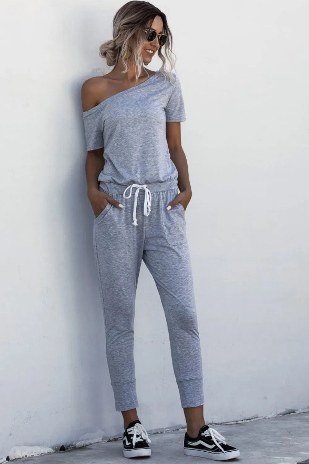 Asymmetrical Neck Tied Capri Jumpsuit with Pockets