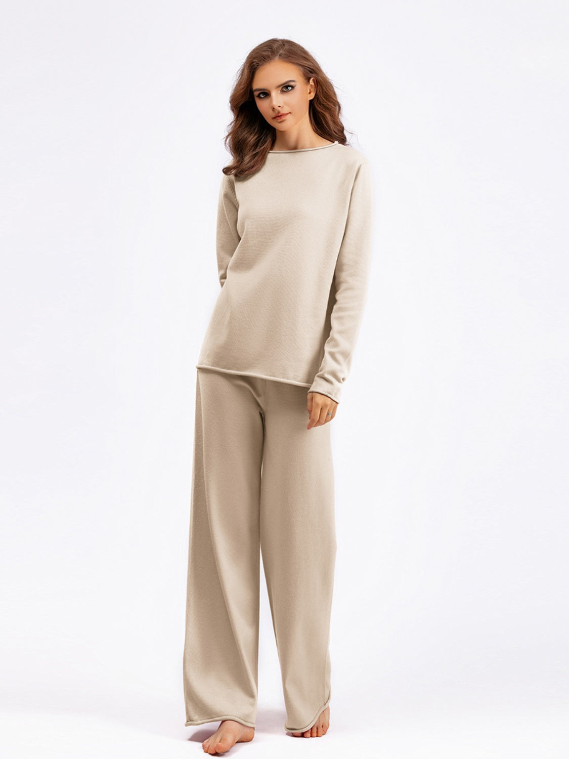 Basic Bae Rolled Round Neck Top and Pants Sweater Set