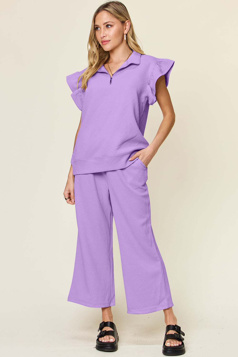 Paradise Falls Texture Ruffle Short Sleeve Top and Drawstring Wide Leg Pants Set