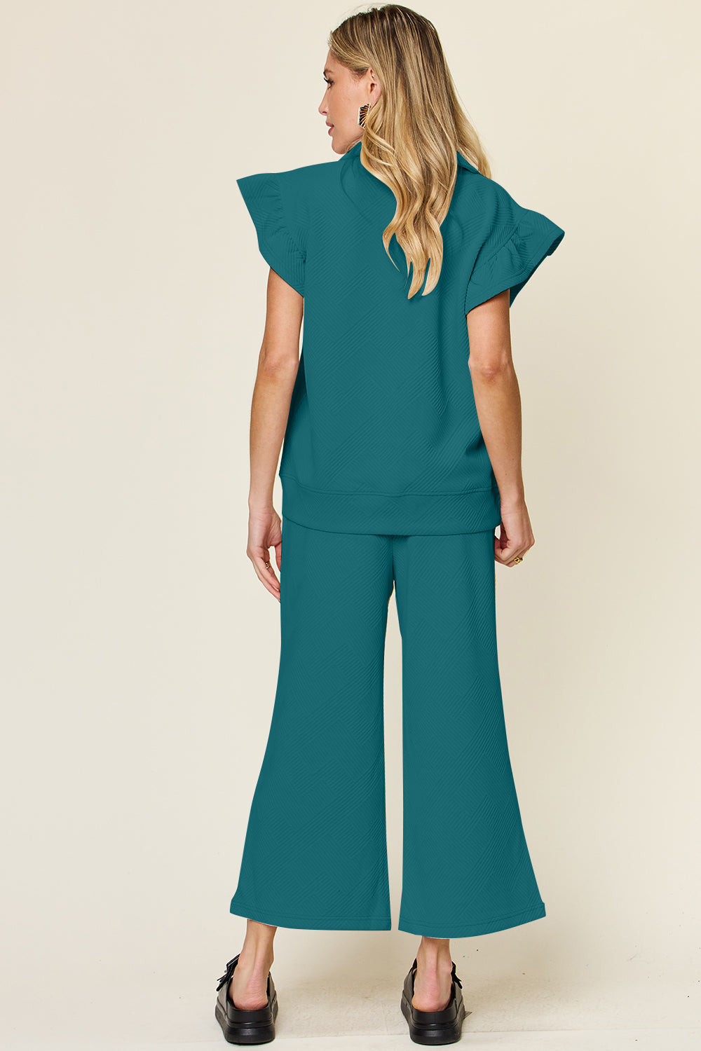 Paradise Falls Texture Ruffle Short Sleeve Top and Drawstring Wide Leg Pants Set