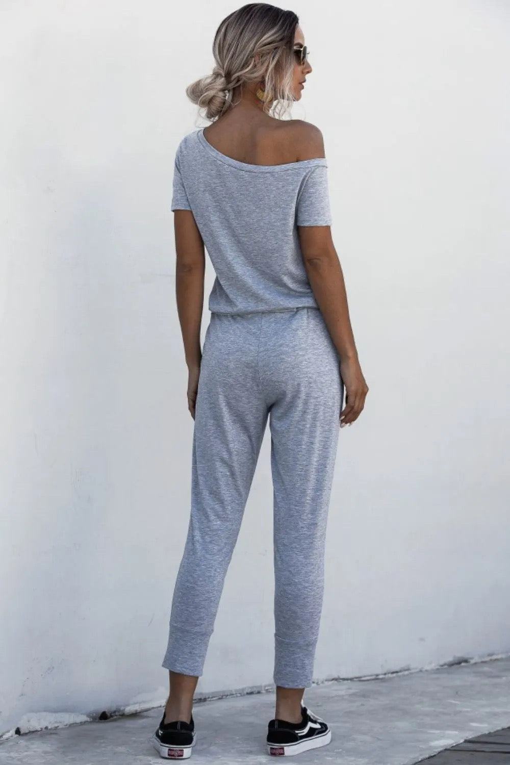 Asymmetrical Neck Tied Capri Jumpsuit with Pockets