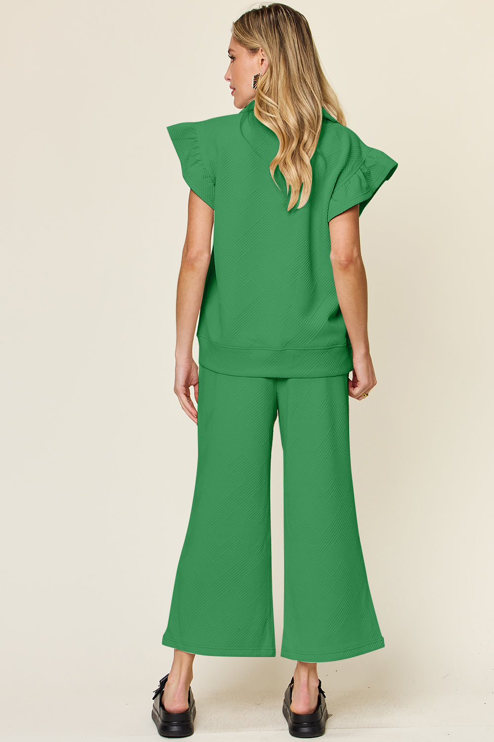 Paradise Falls Texture Ruffle Short Sleeve Top and Drawstring Wide Leg Pants Set