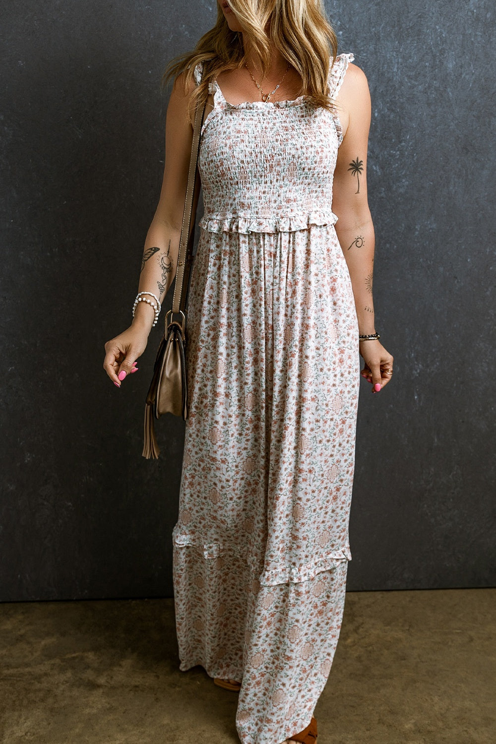 Like I Mean It Ruffled Smocked Printed Sleeveless Maxi Dress