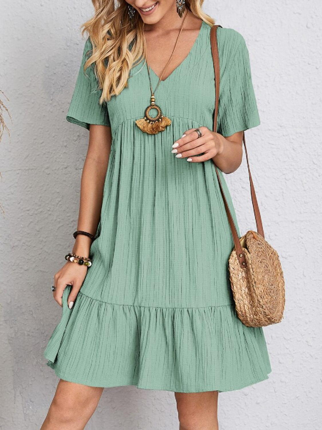 Thank Me Full Size V-Neck Short Sleeve Dress