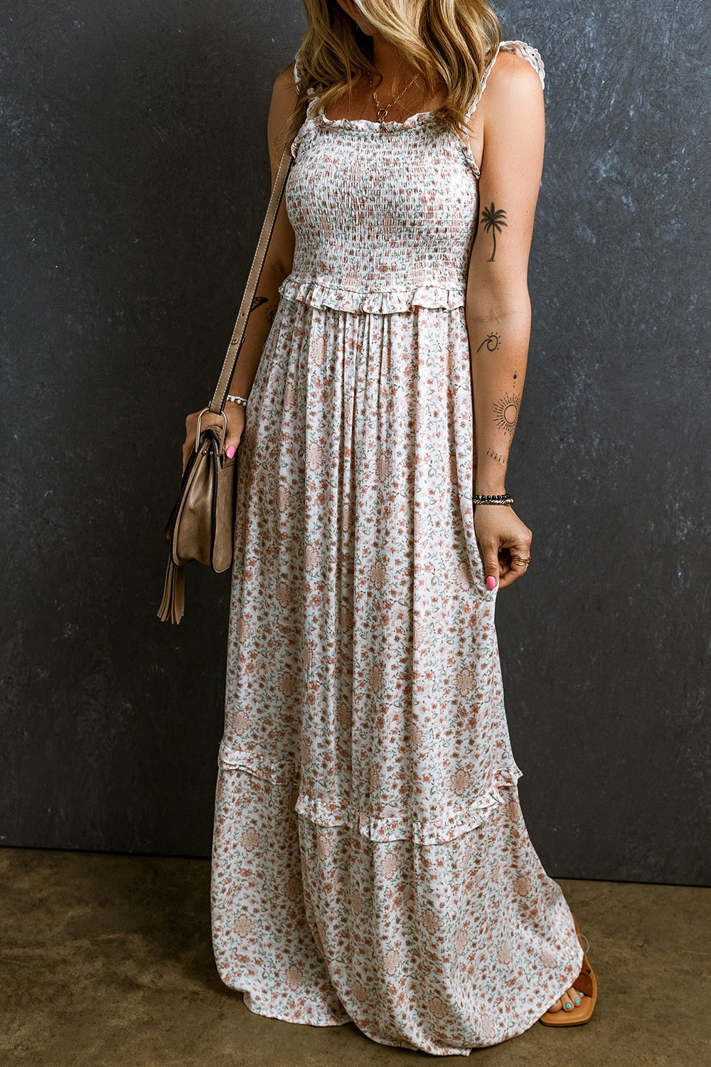 Like I Mean It Ruffled Smocked Printed Sleeveless Maxi Dress