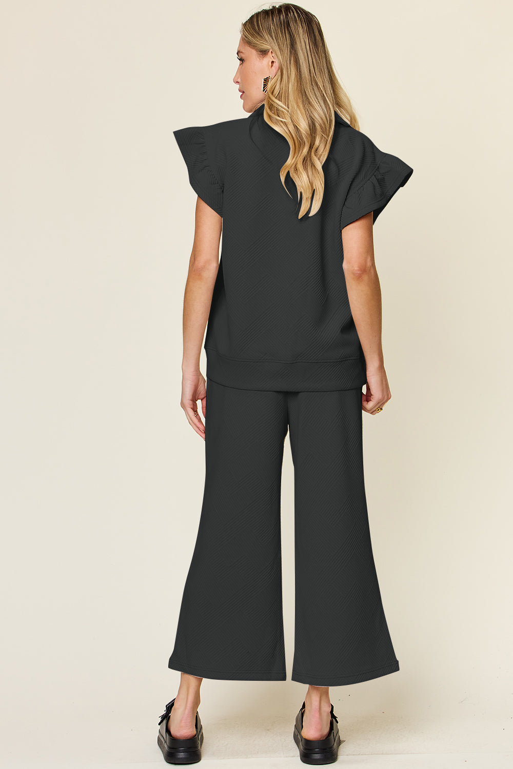 Paradise Falls Texture Ruffle Short Sleeve Top and Drawstring Wide Leg Pants Set