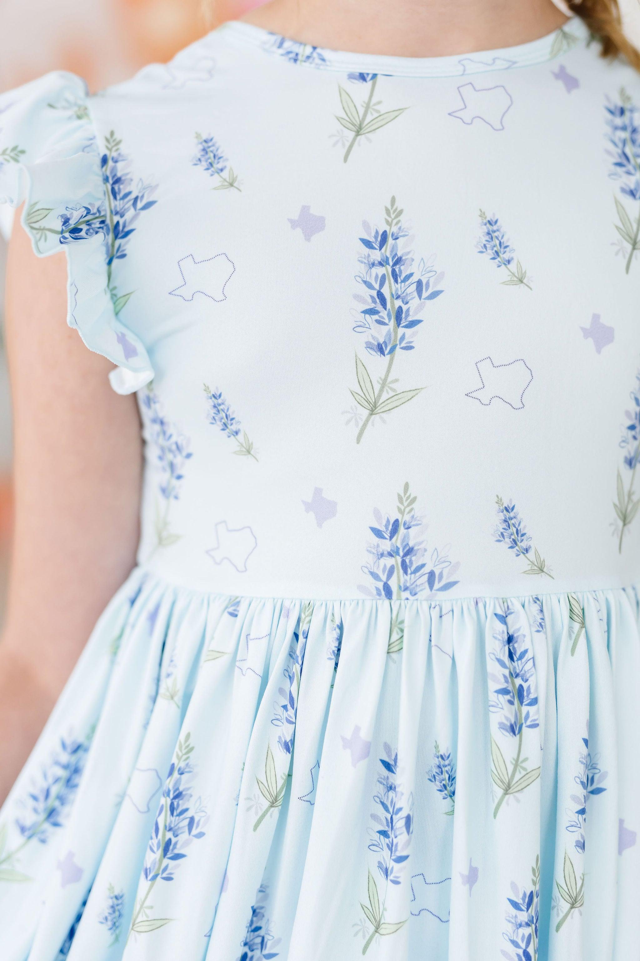 Texas Bluebonnets Flutter Sleeve Twirl Dress