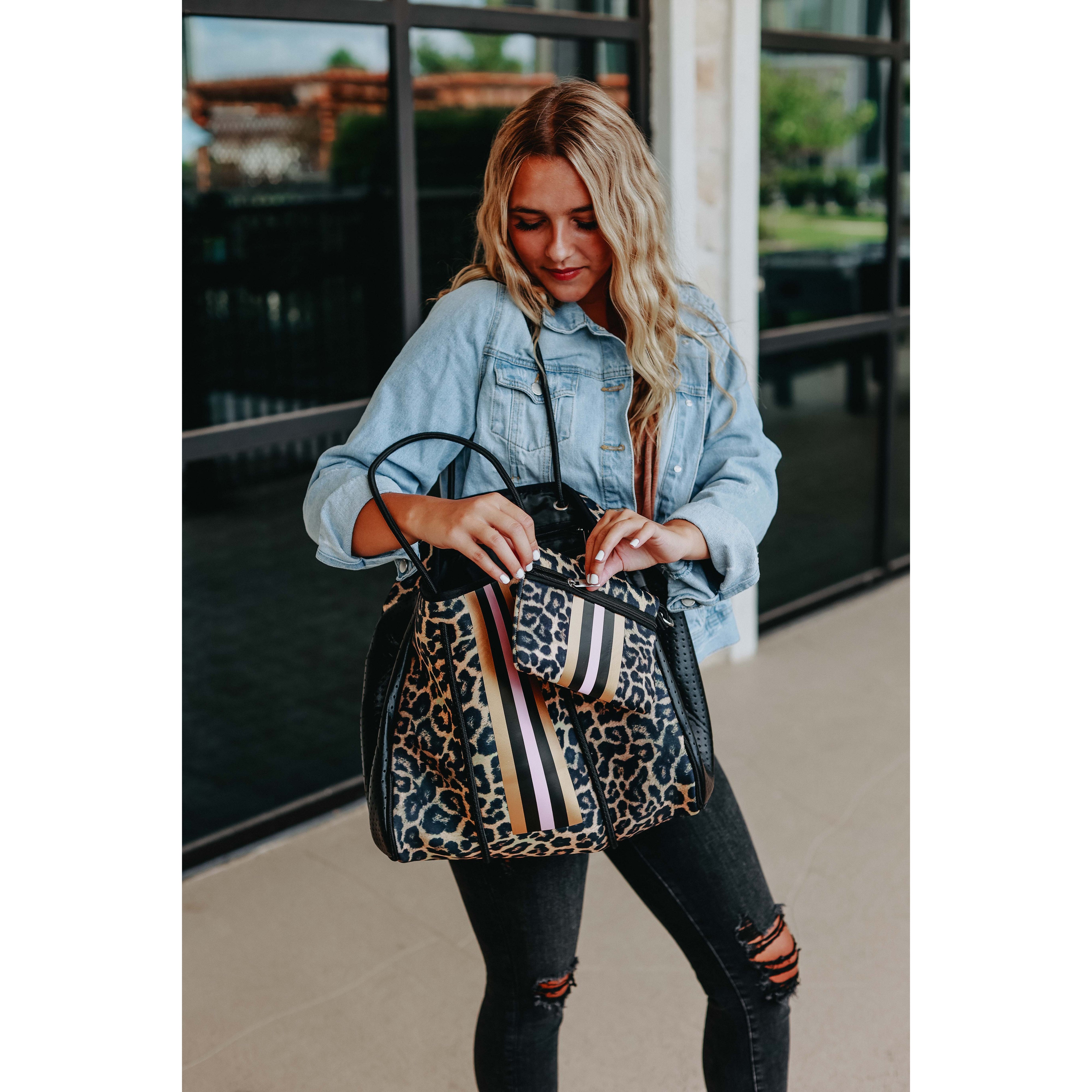 The Sierra - Pink Stripe Leopard Neoprene Bag