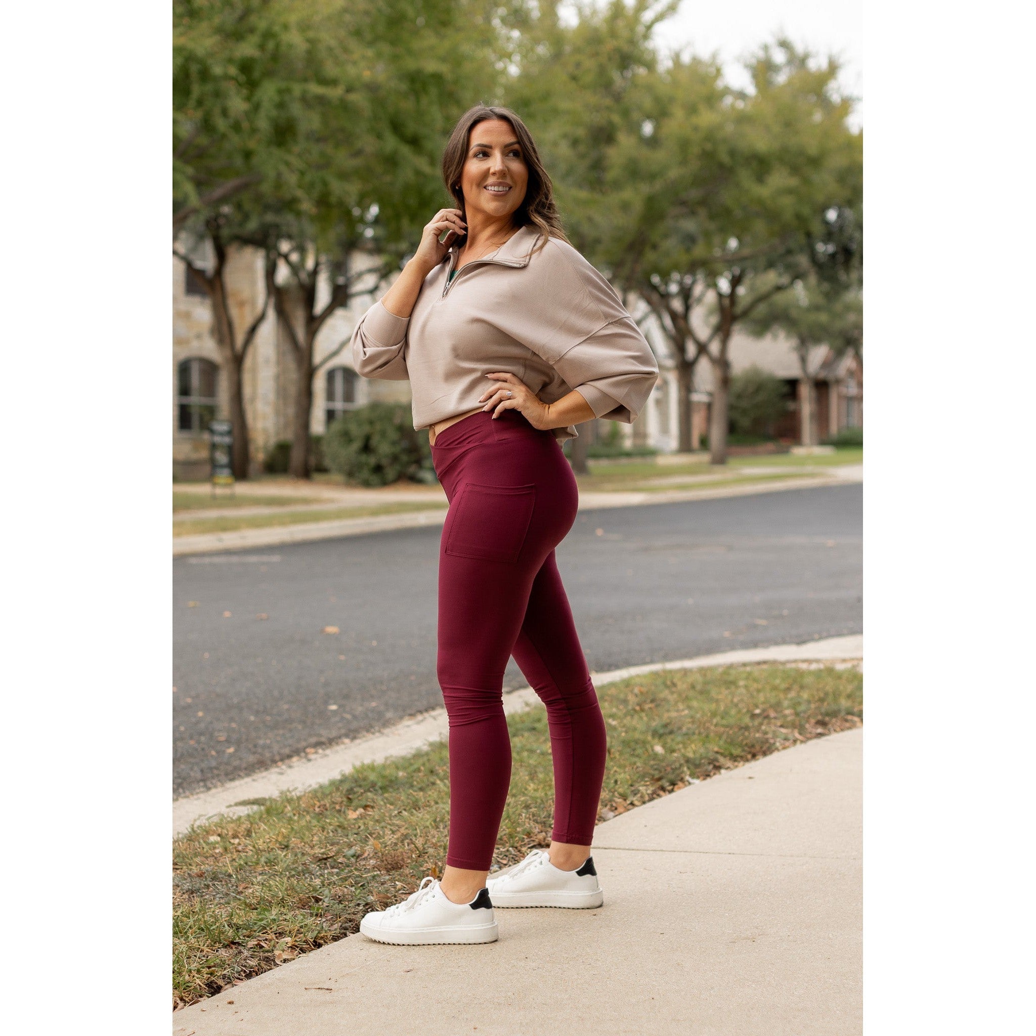 The Molly - MAROON Crossover Full Length Leggings with Pockets  - Luxe Leggings by Julia Rose®