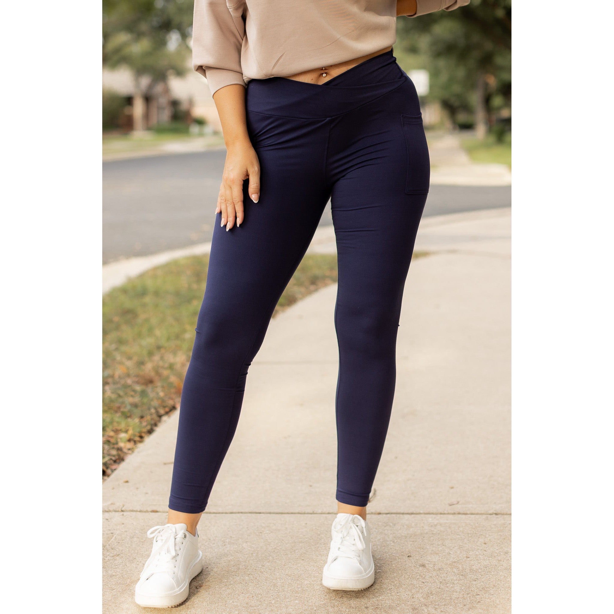 The Nadia - NAVY Crossover Full Length Leggings with Pockets  - Luxe Leggings by Julia Rose®