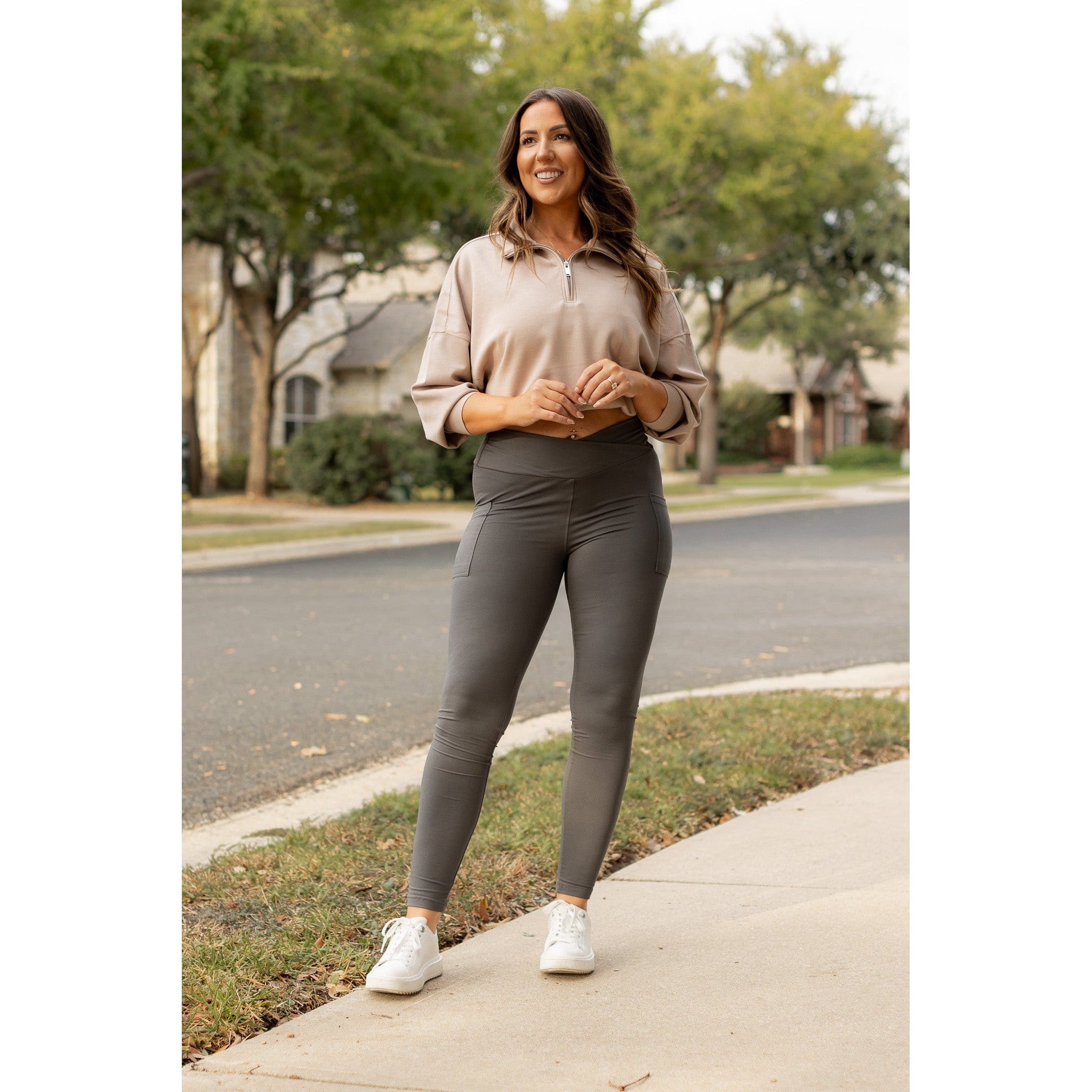 The Caitlin - CHARCOAL Crossover Full Length Leggings with Pockets  - Luxe Leggings by Julia Rose®