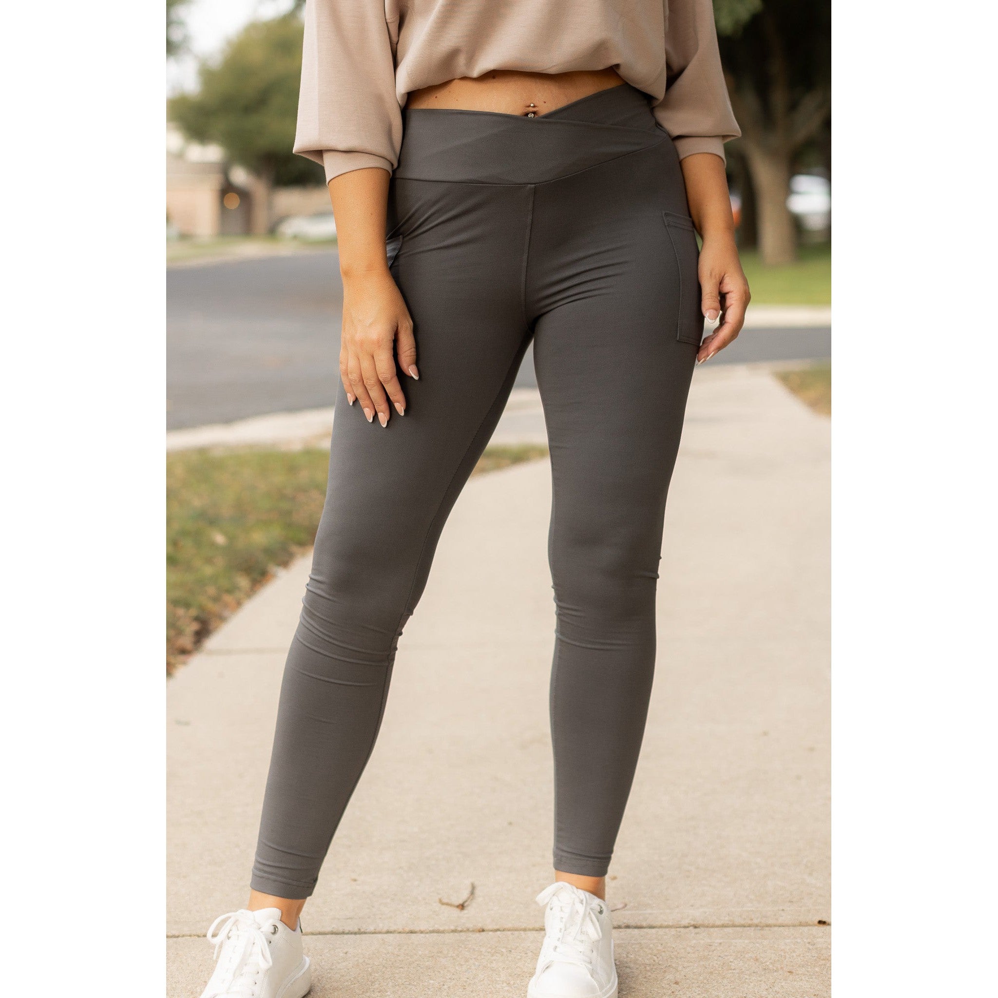 The Caitlin - CHARCOAL Crossover Full Length Leggings with Pockets  - Luxe Leggings by Julia Rose®