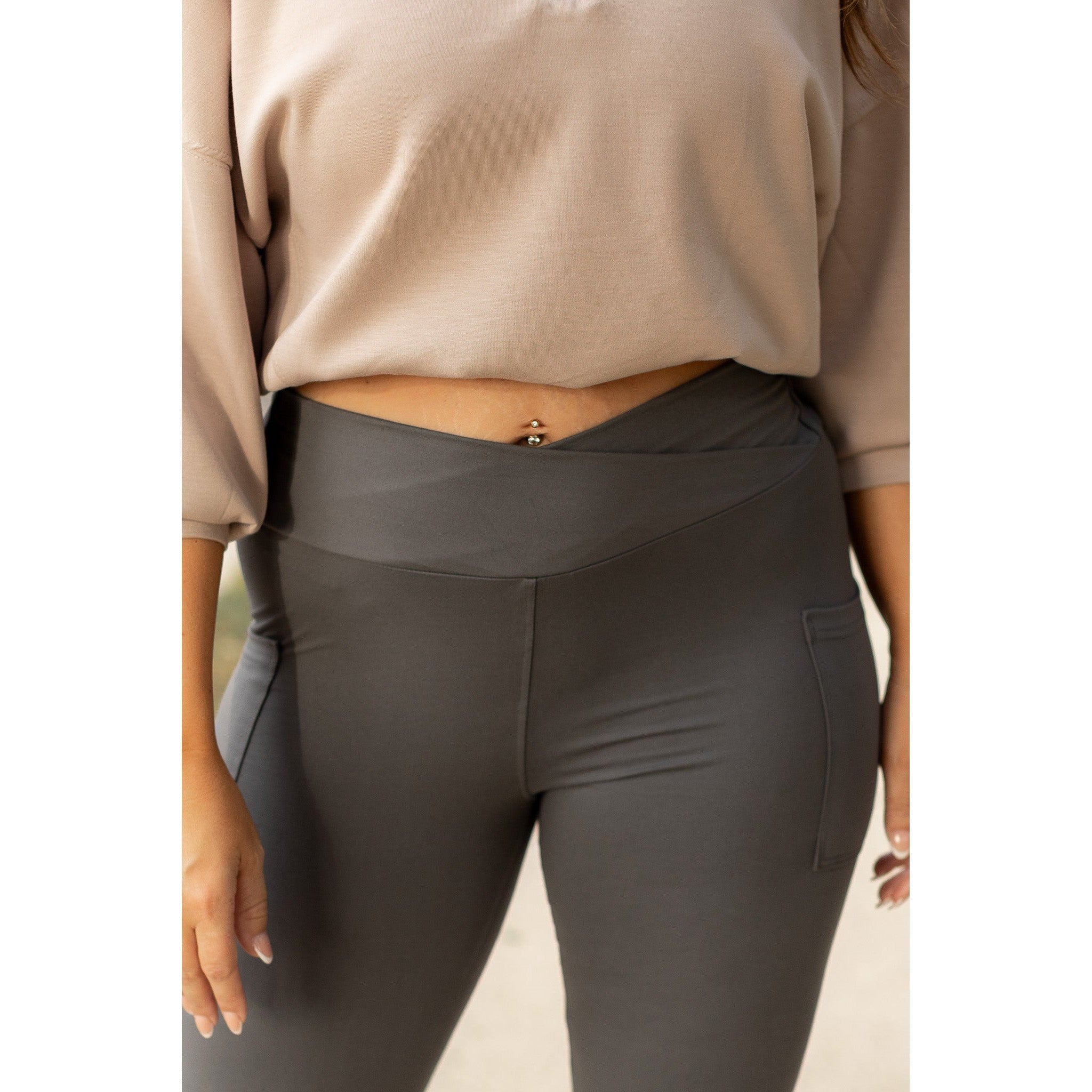 The Caitlin - CHARCOAL Crossover Full Length Leggings with Pockets  - Luxe Leggings by Julia Rose®