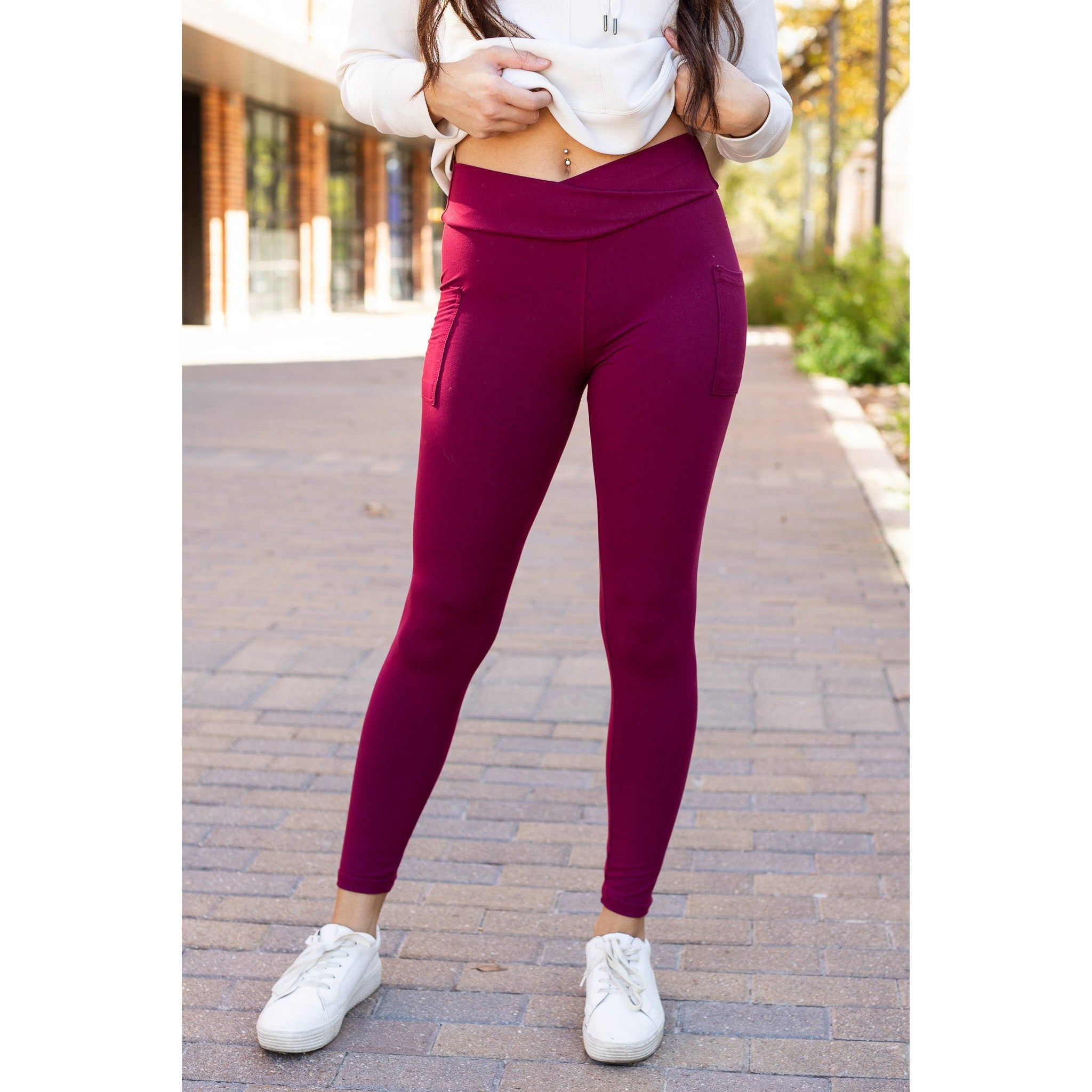 The Molly - MAROON Crossover Full Length Leggings with Pockets  - Luxe Leggings by Julia Rose®