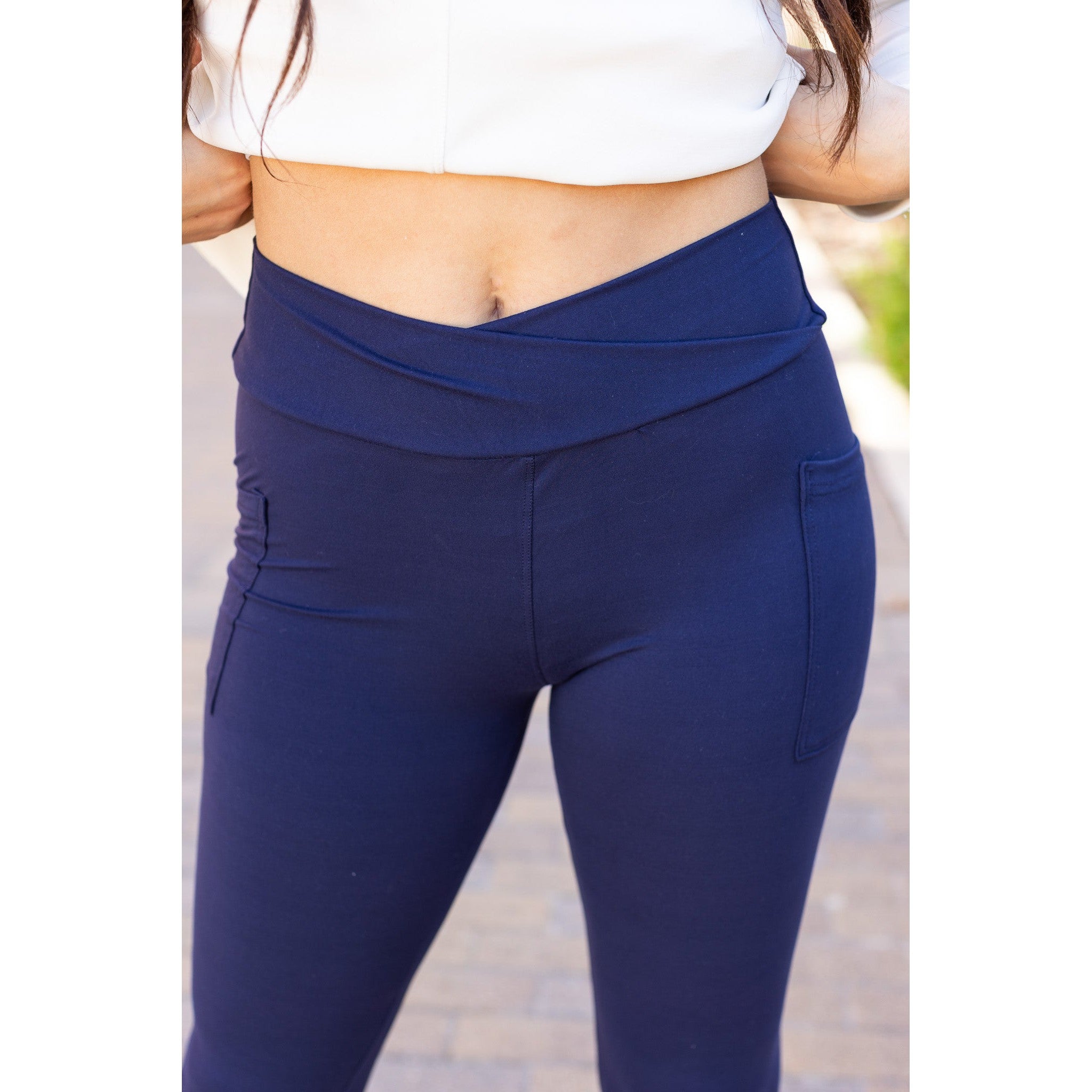 The Nadia - NAVY Crossover Full Length Leggings with Pockets  - Luxe Leggings by Julia Rose®