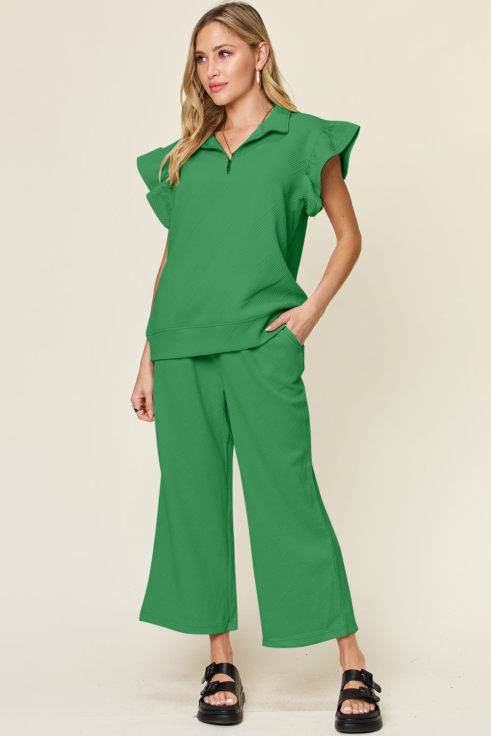 Paradise Falls Texture Ruffle Short Sleeve Top and Drawstring Wide Leg Pants Set