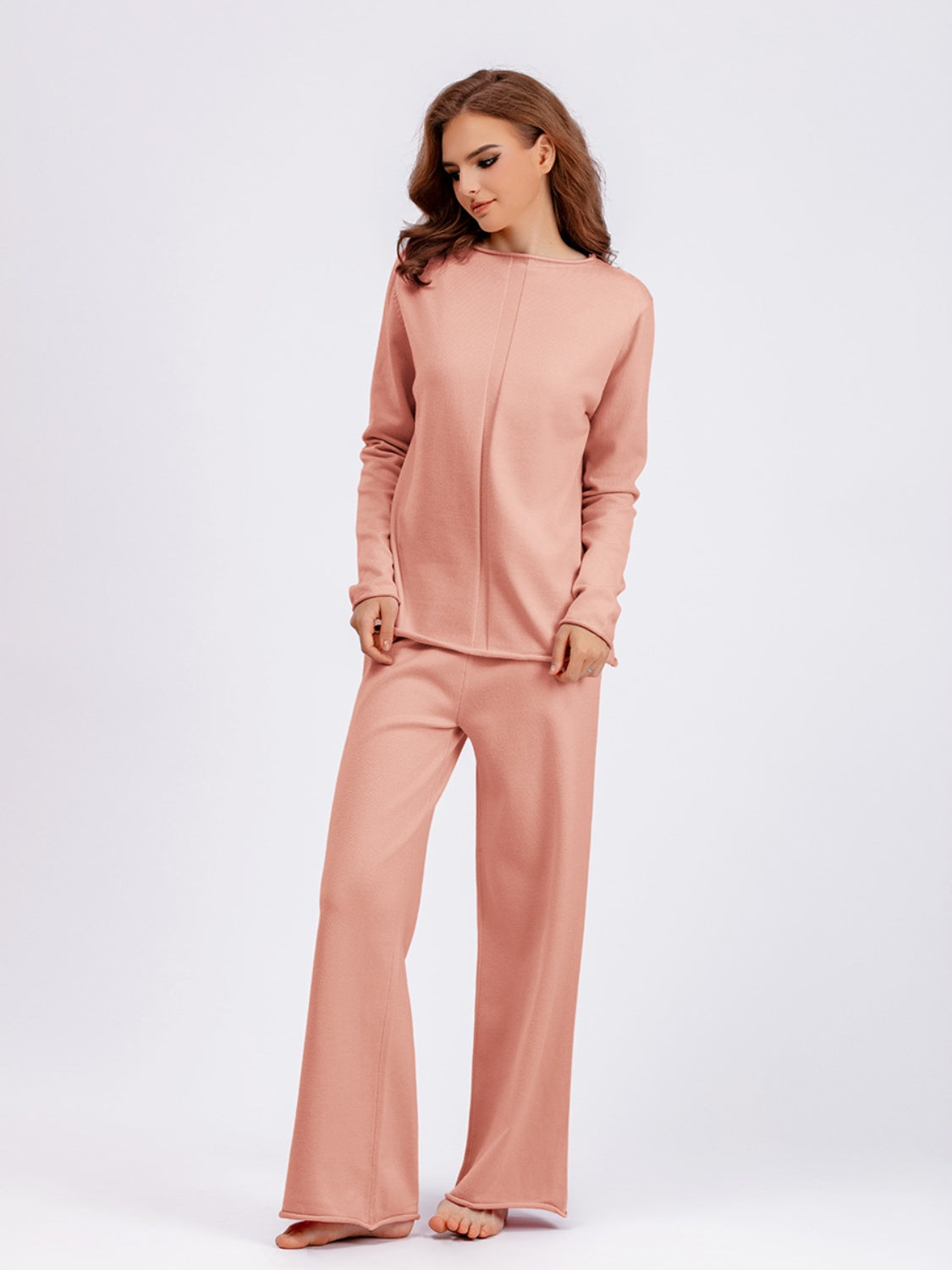 Basic Bae Rolled Round Neck Top and Pants Sweater Set