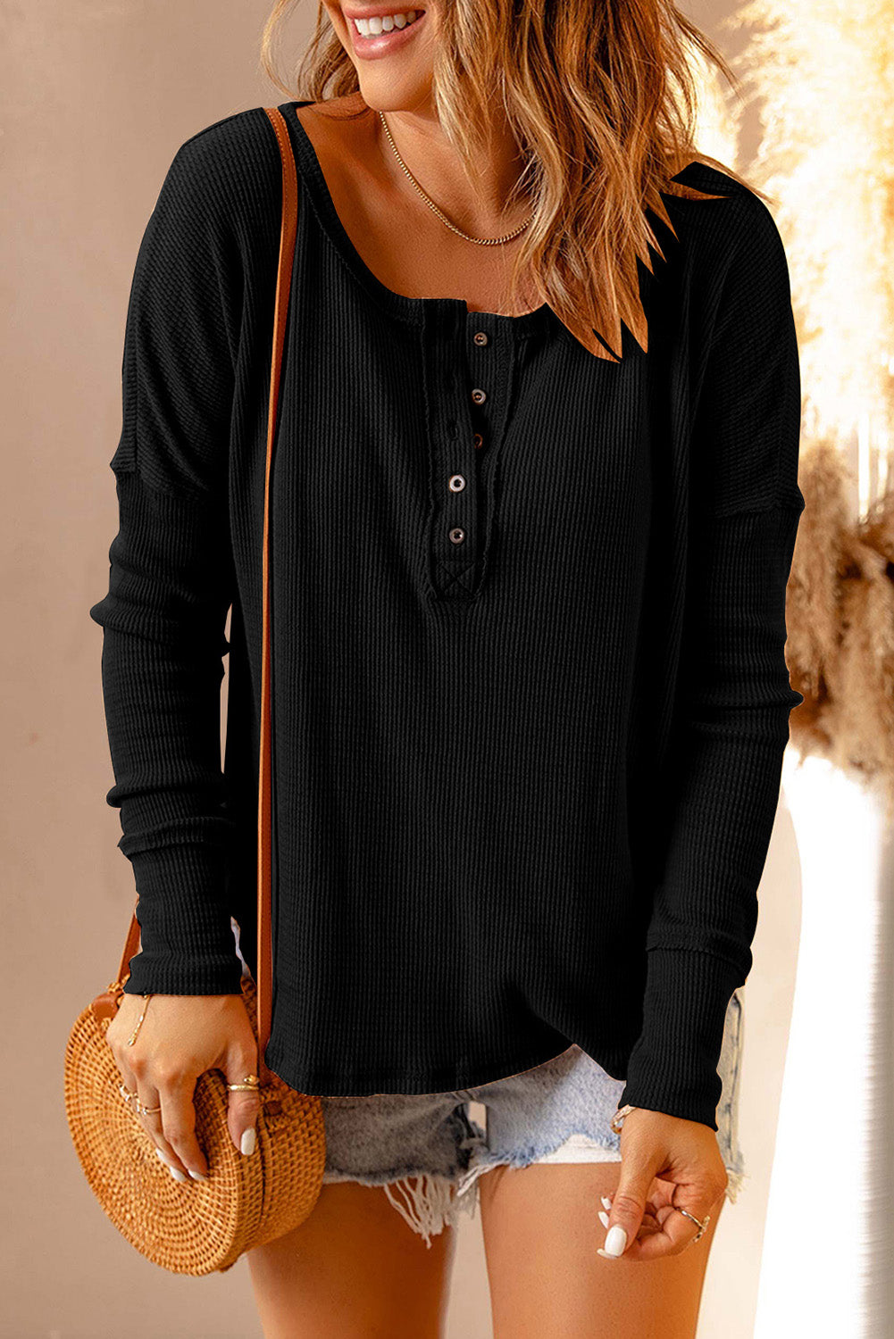 Double Take Full Size Half Button Drop Shoulder T-Shirt