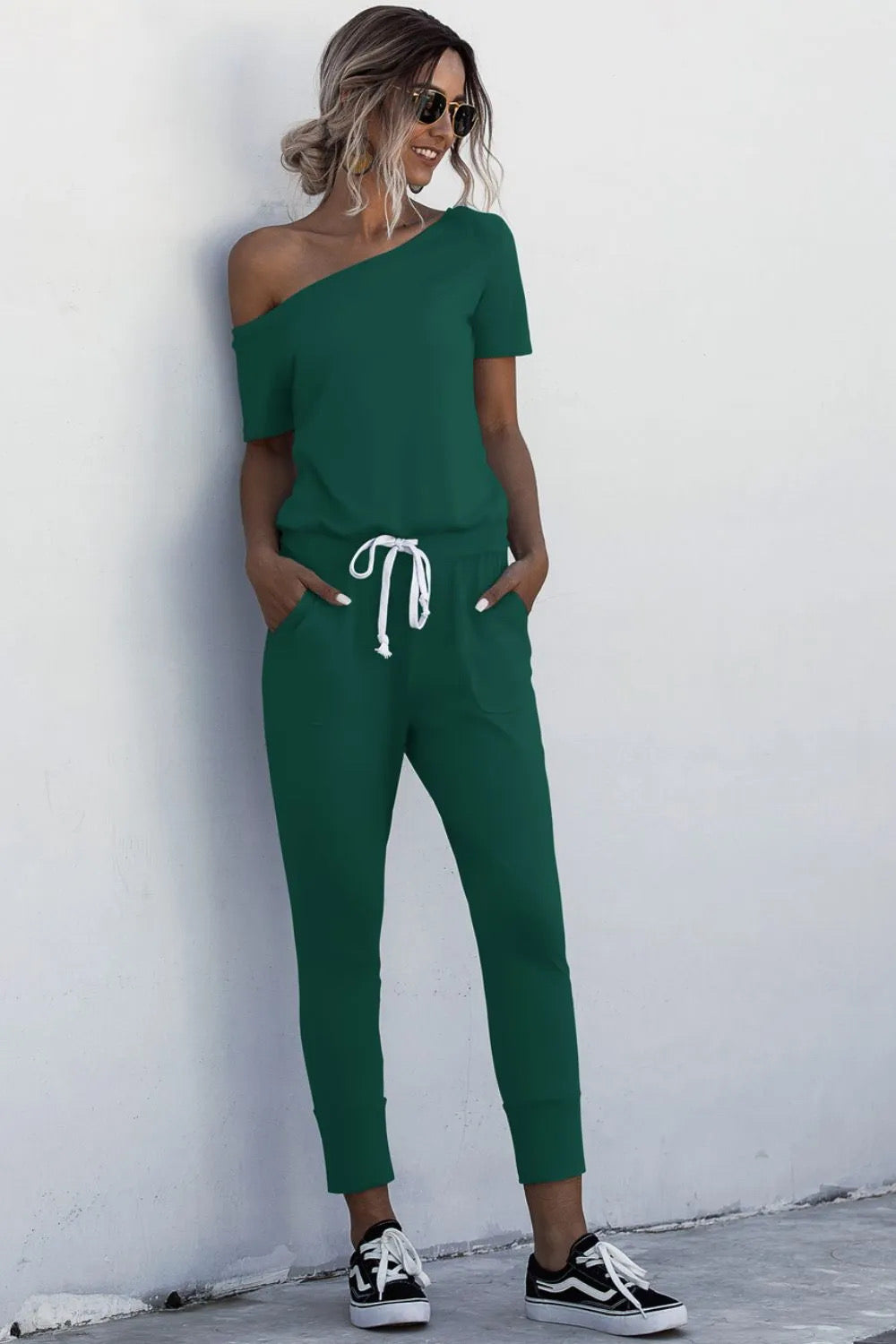 Asymmetrical Neck Tied Capri Jumpsuit with Pockets