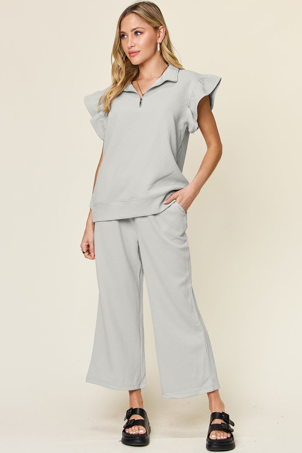 Paradise Falls Texture Ruffle Short Sleeve Top and Drawstring Wide Leg Pants Set