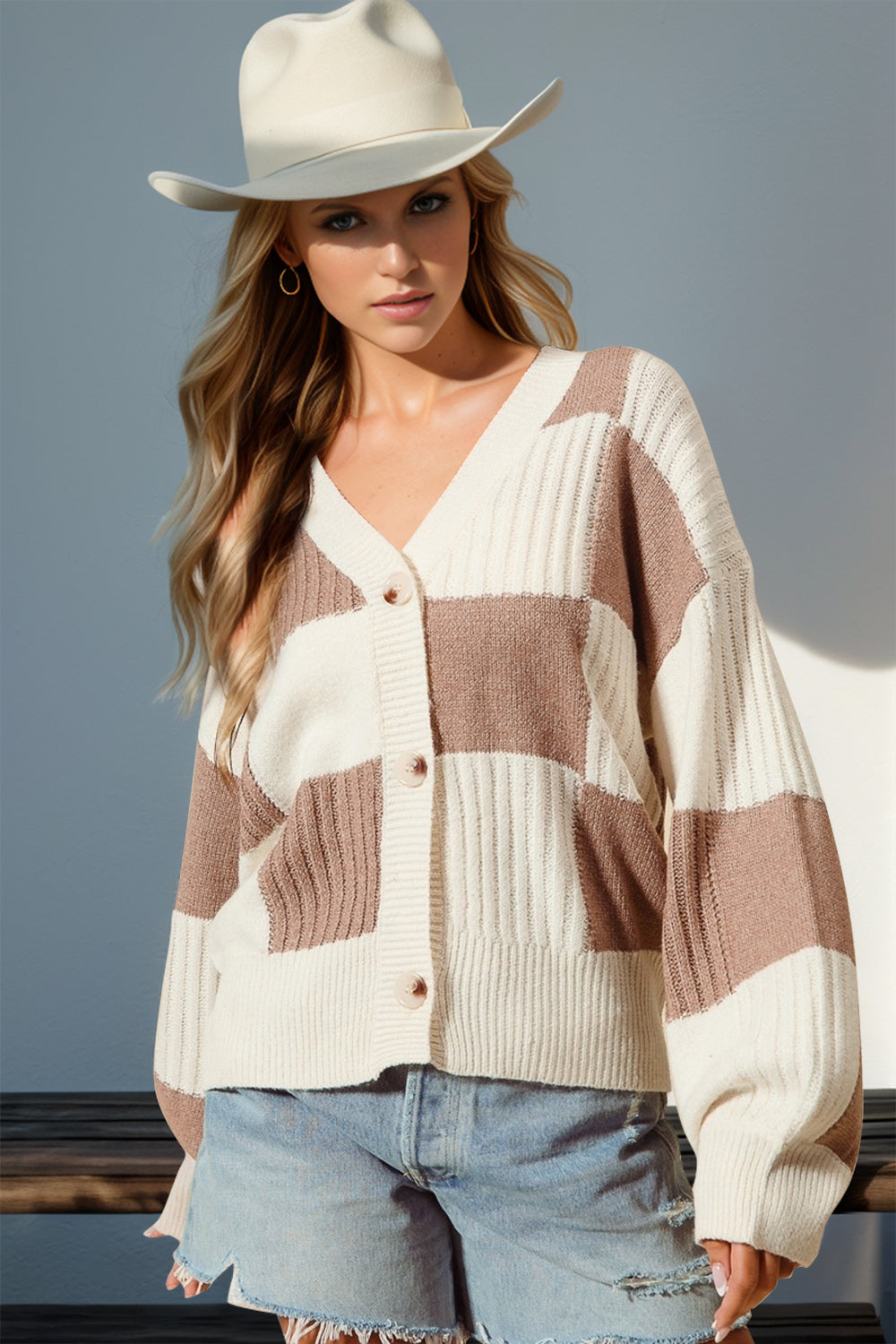 Double Take Full Size Checkered Dropped Shoulder Cardigan in 2 Colors