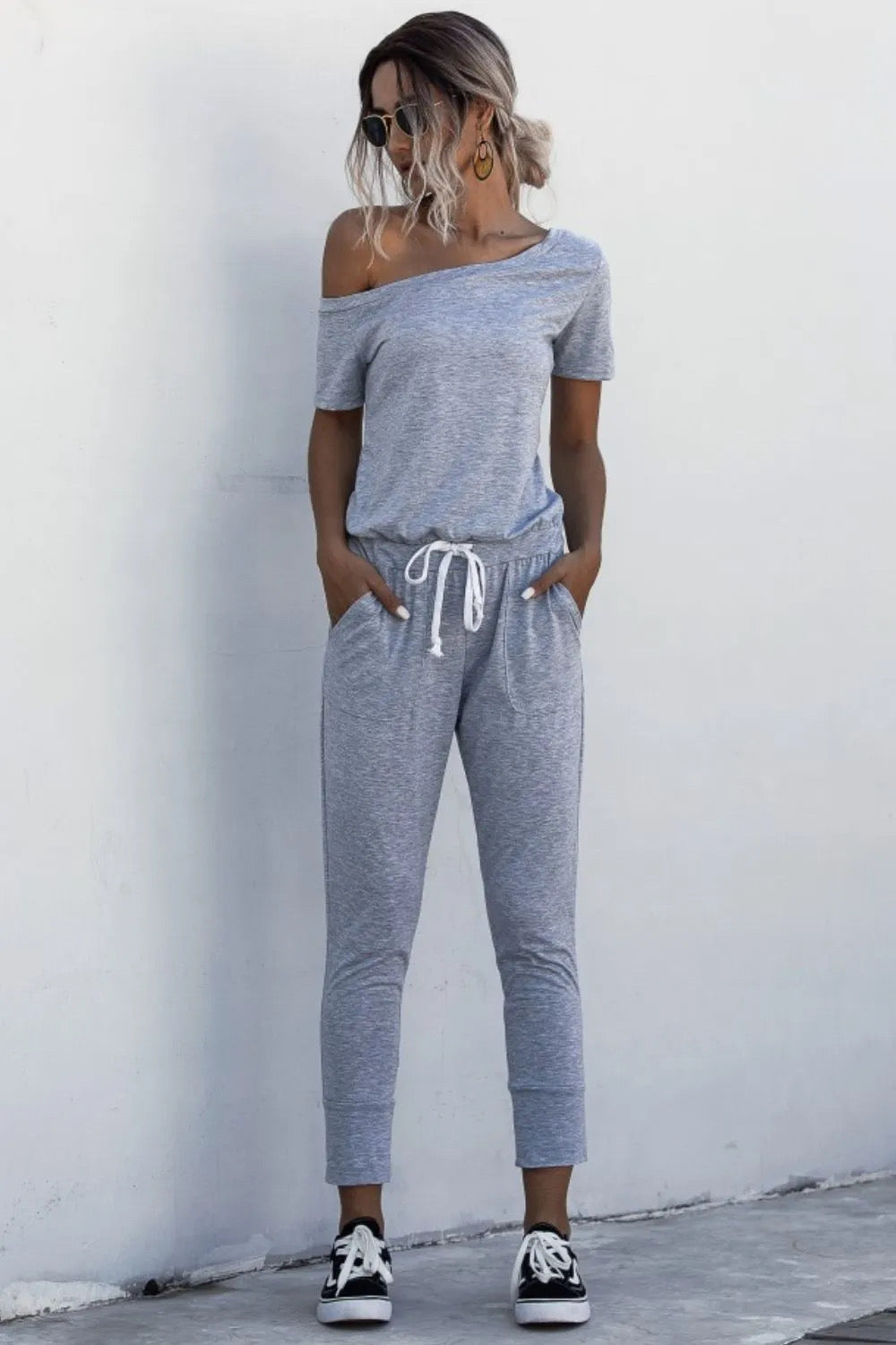 Asymmetrical Neck Tied Capri Jumpsuit with Pockets