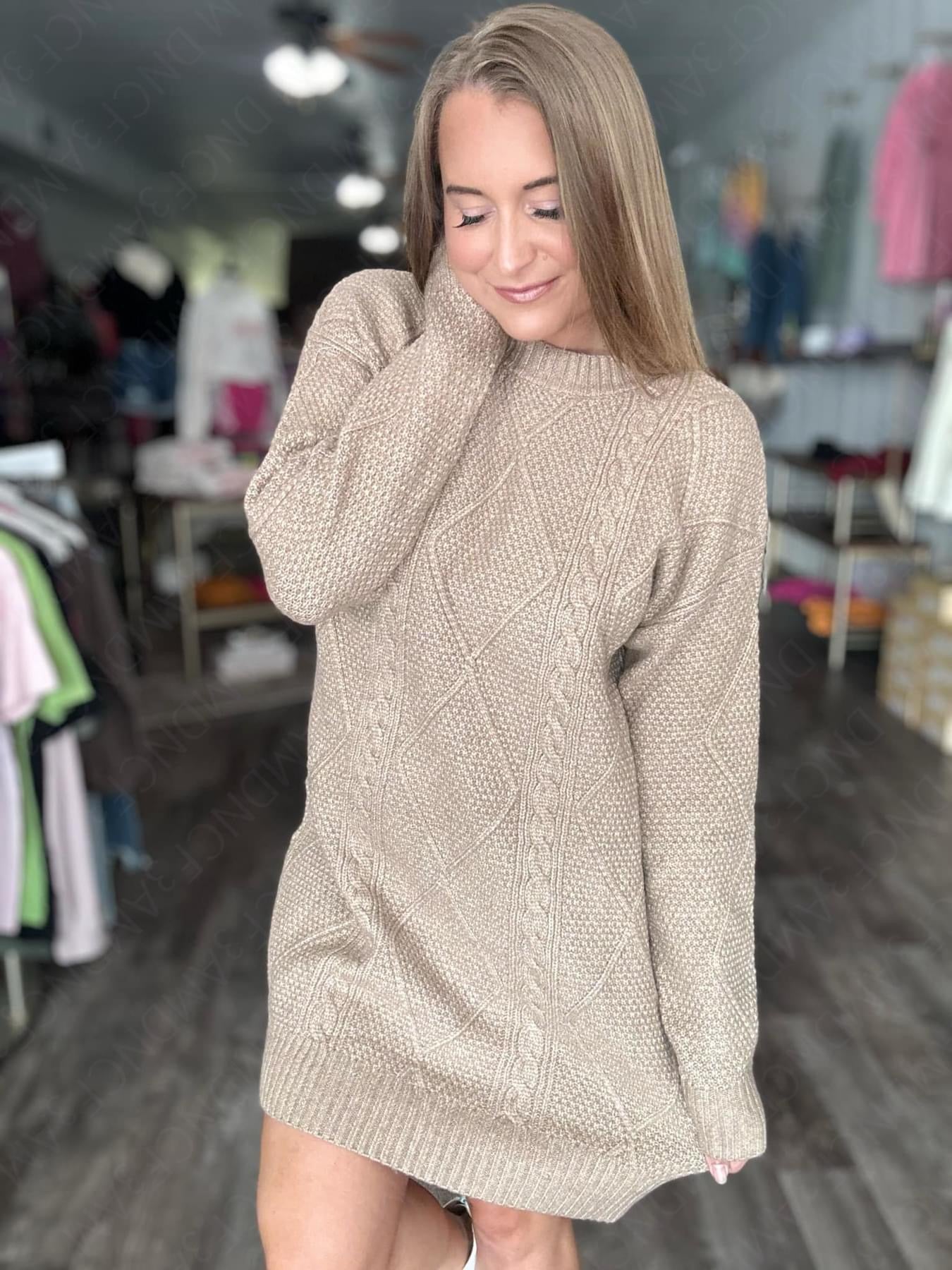 Cable-Knit Round Neck Sweater Dress