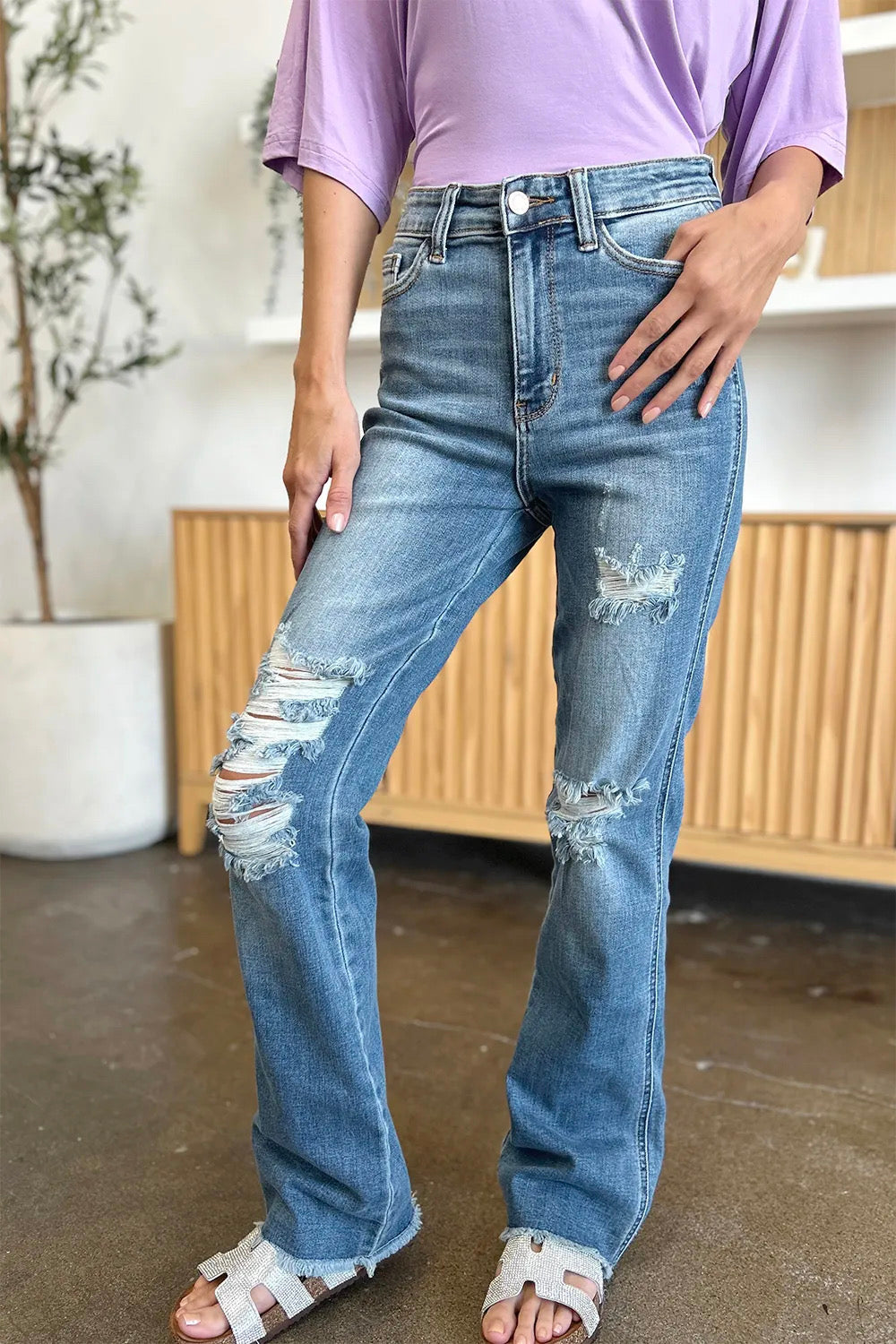 Unwritten Judy Blue Full Size Distressed Raw Hem Bootcut Jeans