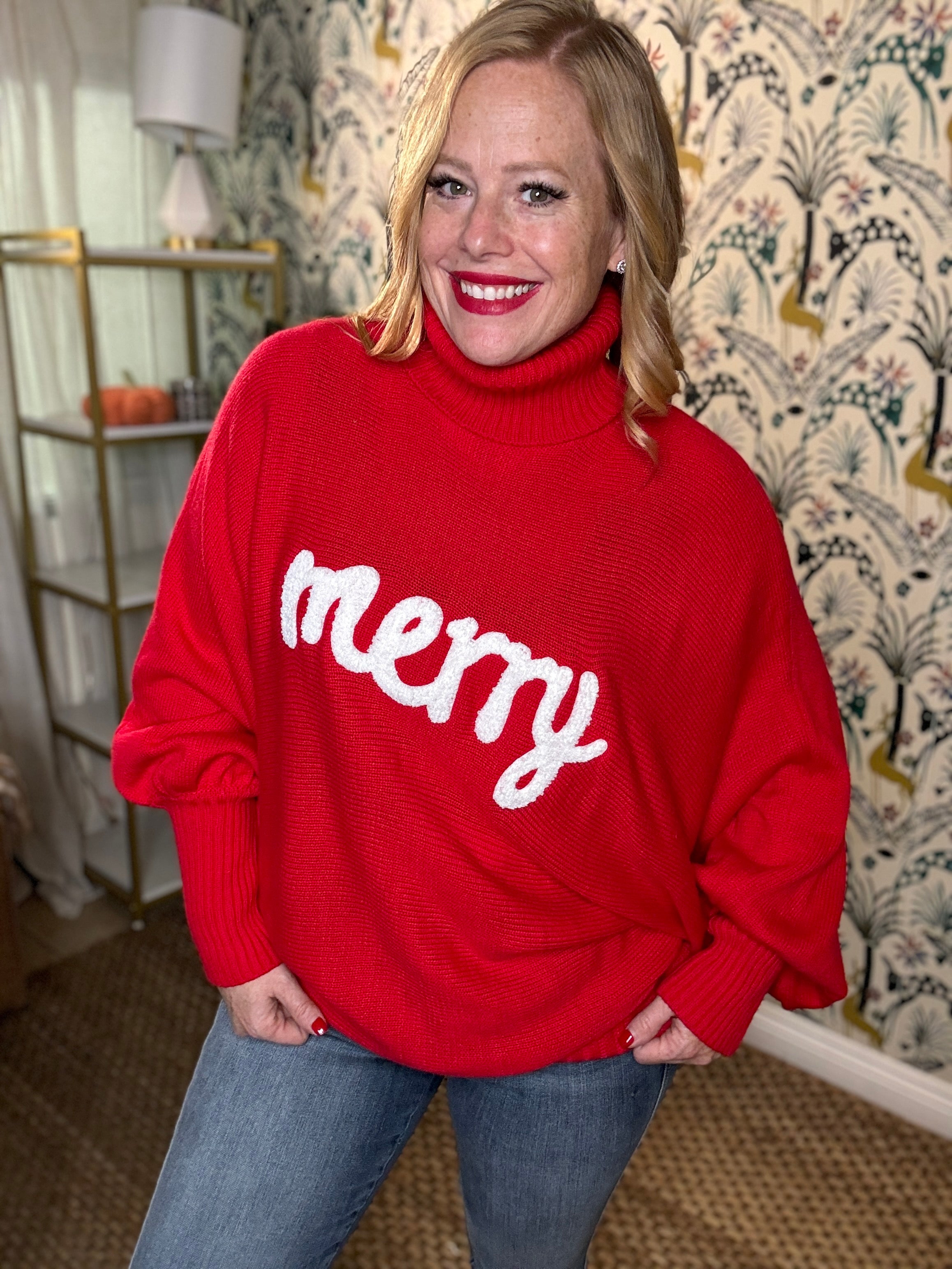 Double Take Full Size Merry Christmas Turtleneck Long Sleeve Sweater