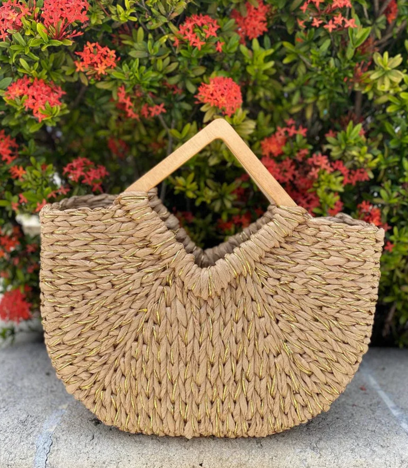 Isabella Wooden Handle Straw Tote Bag