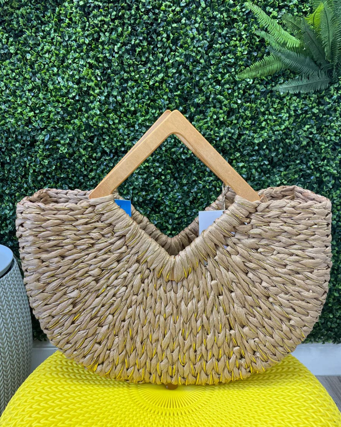 Isabella Wooden Handle Straw Tote Bag