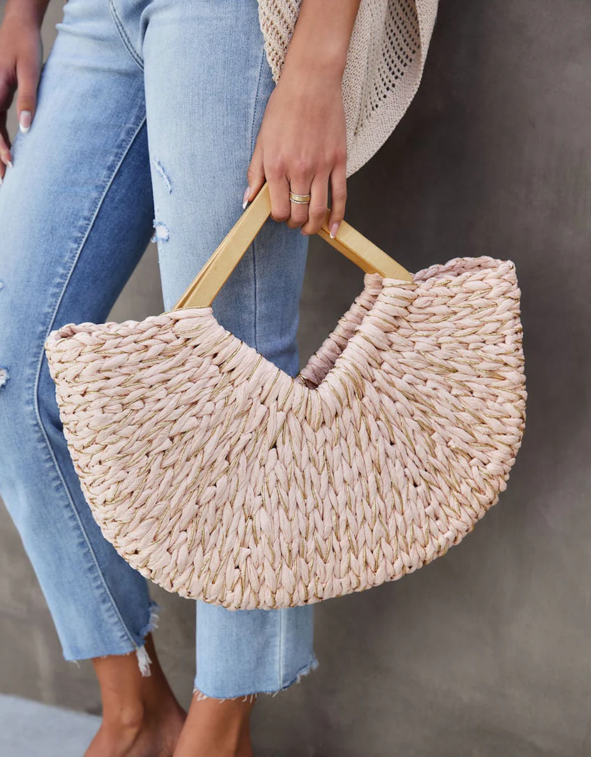 Isabella Wooden Handle Straw Tote Bag