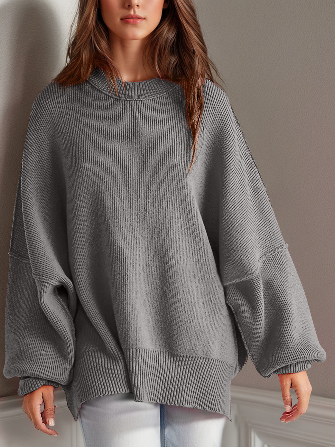 Camilla Side Slit Round Neck Long Sleeve Sweater *11 Colors*