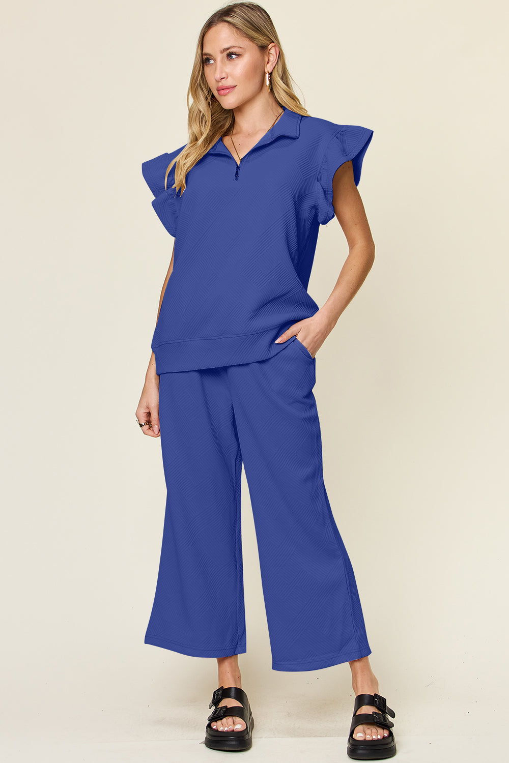 Paradise Falls Texture Ruffle Short Sleeve Top and Drawstring Wide Leg Pants Set