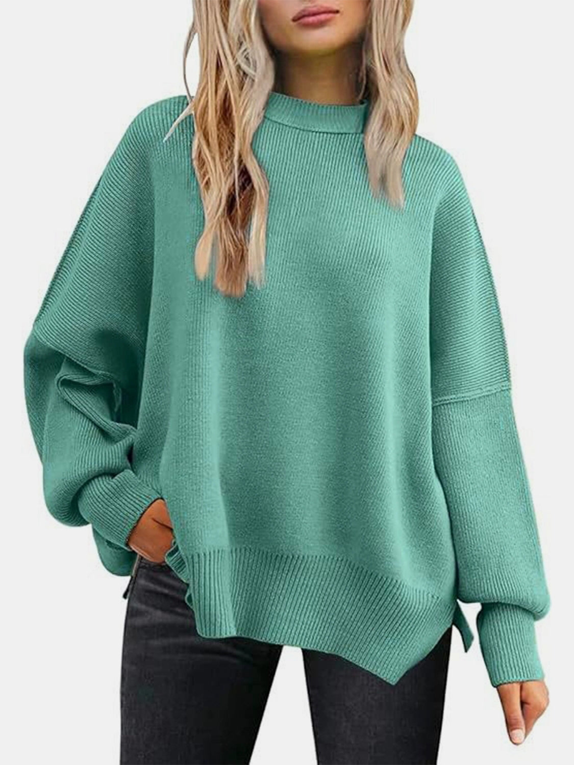 You’re in Love Round Neck Drop Shoulder Slit Sweater 13 Colors!