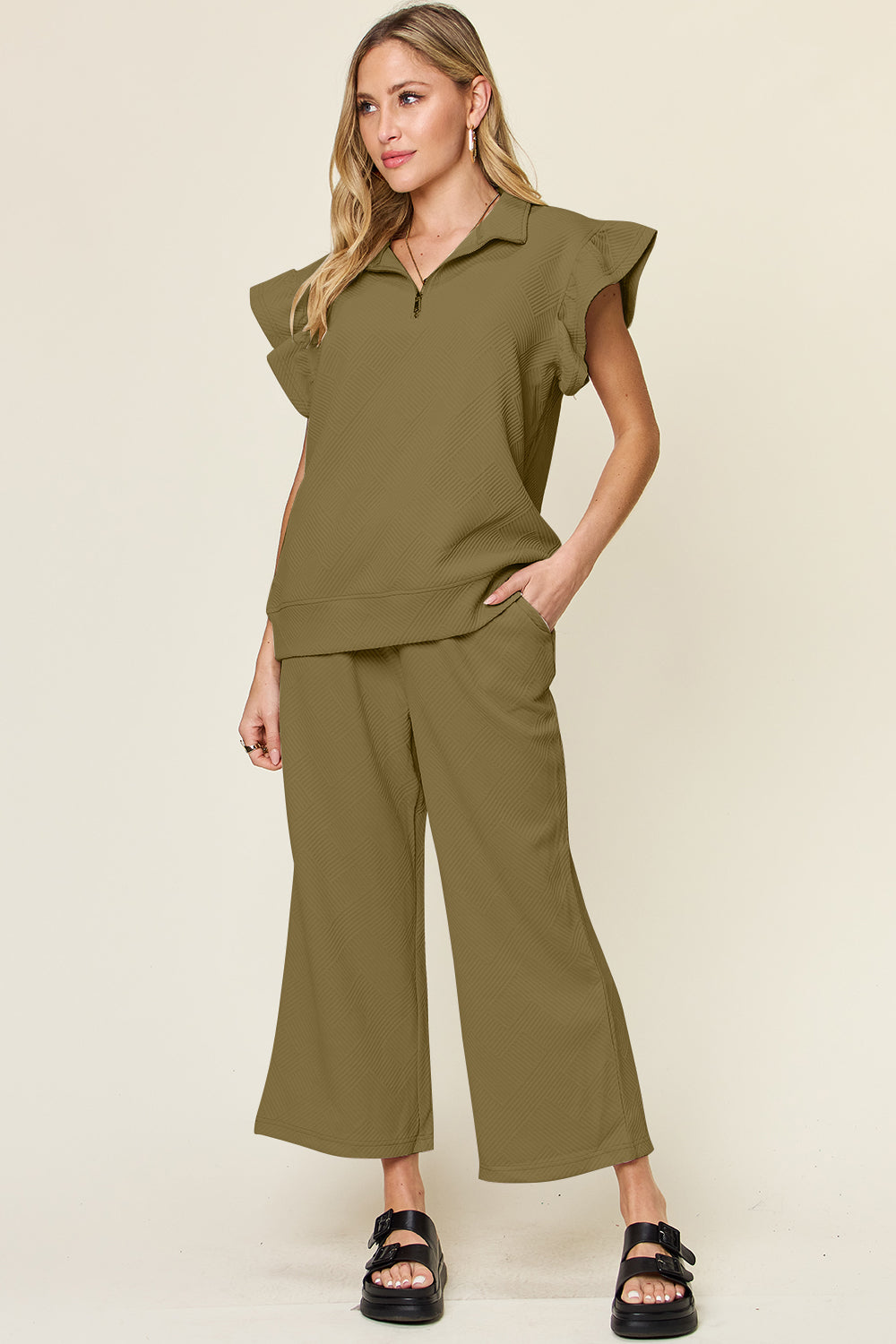 Paradise Falls Texture Ruffle Short Sleeve Top and Drawstring Wide Leg Pants Set