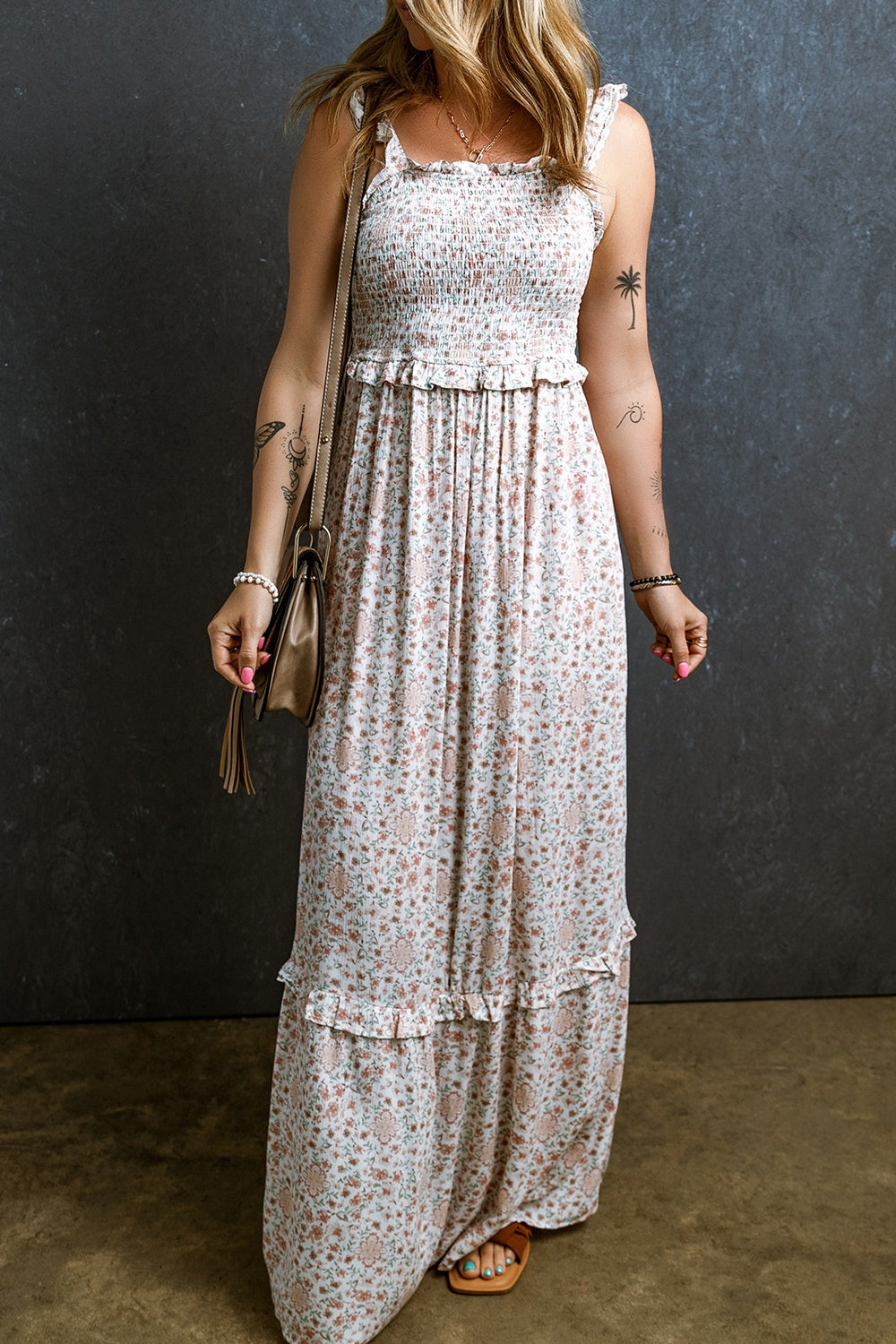 Like I Mean It Ruffled Smocked Printed Sleeveless Maxi Dress