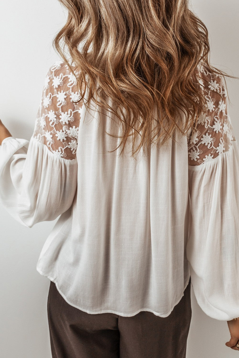 Lace Tie Neck Long Sleeve Blouse