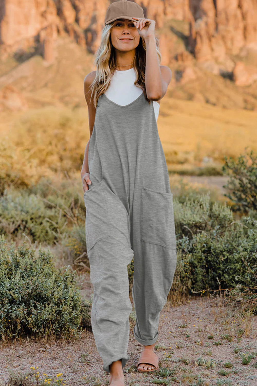 Double Take Full Size Sleeveless V-Neck Pocketed Jumpsuit