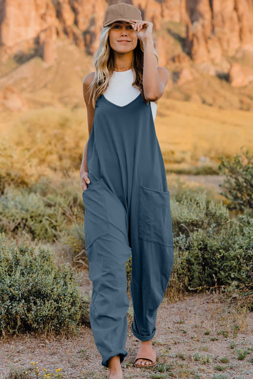 Double Take Full Size Sleeveless V-Neck Pocketed Jumpsuit