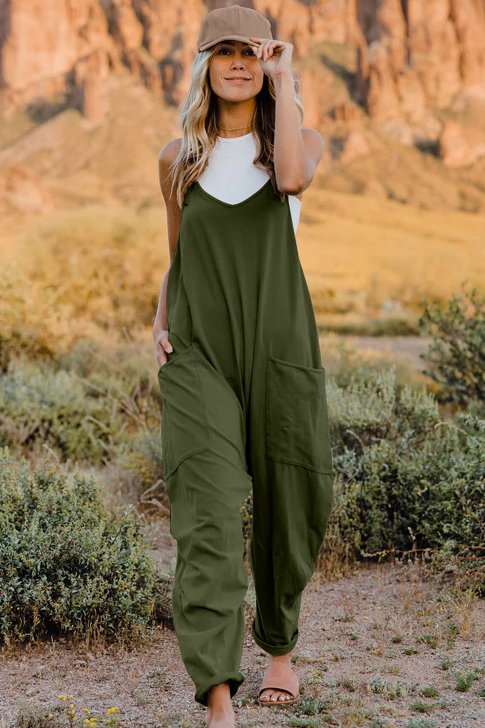 Double Take Full Size Sleeveless V-Neck Pocketed Jumpsuit