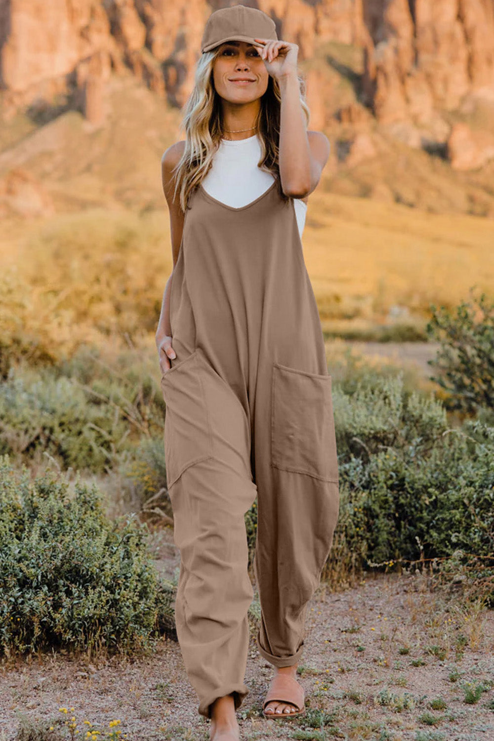 Double Take Full Size Sleeveless V-Neck Pocketed Jumpsuit